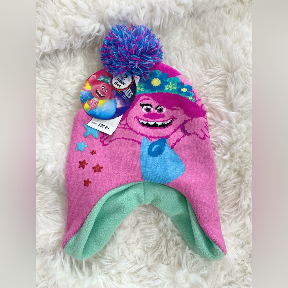 New Trolls kid’s hat & mittens set pink 🎁 Christmas birthday cozy beautiful cute